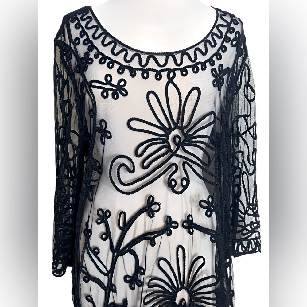Pretty Angel Black Sheer Lace Embroidery Tunic / Swimsuit Cover Up Women’s Large - Picture 3 of 8